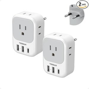 TESSAN European Travel Plug Adapter (2 Pack) – US to Europe Power Converter with 2 USB Ports & 1 USB-C – Type C Plug for EU, Germany, France, Spain, Italy