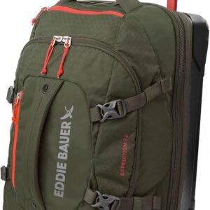 Olive green rolling travel duffel bag with compression straps and rugged wheels – Eddie Bauer Expedition 22.