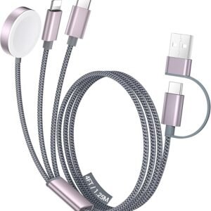 4-in-1 Charging Cable for Travel – Multi USB Fast Charger Cord with USB-C, Lightning, Micro USB & Apple Watch Charger – 4FT Durable Braided Cable for iPhone, iPad, Android & More