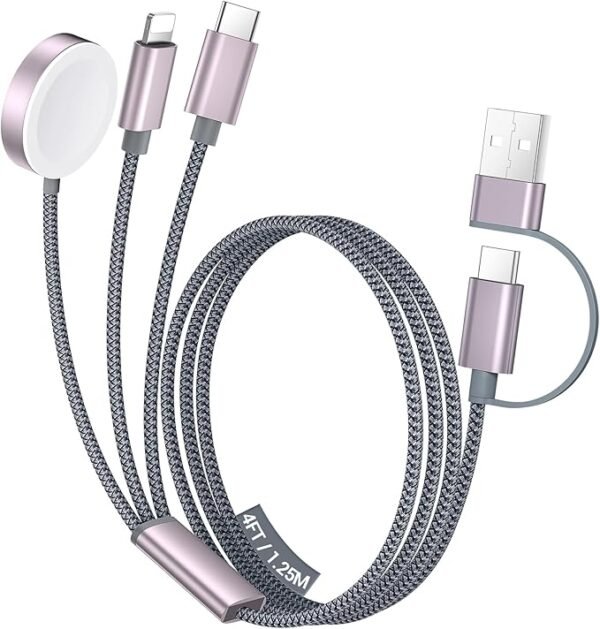 4-in-1 Charging Cable for Travel – Multi USB Fast Charger Cord with USB-C, Lightning, Micro USB & Apple Watch Charger – 4FT Durable Braided Cable for iPhone, iPad, Android & More
