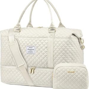 Cream quilted weekender travel duffel bag for women with gold zippers and separate shoe compartment – LOVEVOOK.
