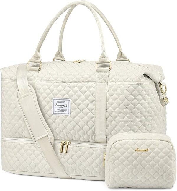 Cream quilted weekender travel duffel bag for women with gold zippers and separate shoe compartment – LOVEVOOK.