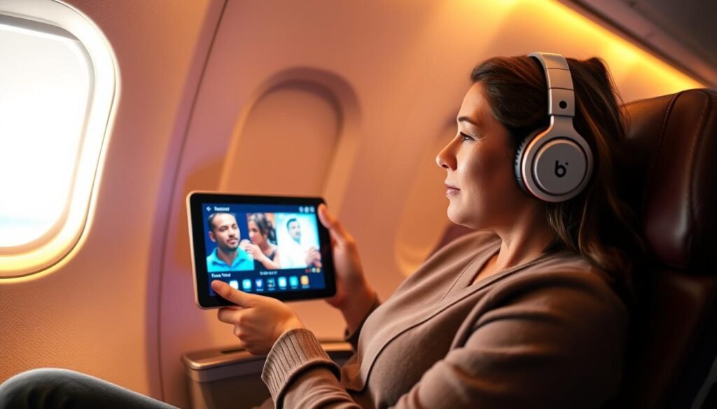 A comfortable cabin interior with a passenger enjoying the in-flight entertainment system. Bright, warm lighting illuminates the scene, casting a cozy glow. Sleek, modern dunamia headphones rest on the armrest, and a tablet device displays a vibrant, engaging movie or TV show. The passenger's expression is one of relaxation and immersion, conveying the ease and enjoyment of the travel experience. The prompt aims to capture the ideal in-flight entertainment setup that elevates the journey.