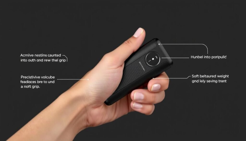 A comfortable, ergonomic grip with a sleek, modern design. A durable, non-slip surface in the matte black color of the dunamia Travel Inspira Luggage Scale. The grip nestles naturally in the hand, with subtle contours that guide the fingers into a secure and supported position. Soft, textured accents provide tactile feedback and enhance the user's sense of control. Precise, balanced weight distribution creates a sense of stability and confidence when lifting and handling the device. Thoughtful attention to ergonomics results in a grip that is both attractive and highly functional, elevating the overall experience of using the dunamia Travel Inspira Luggage Scale.