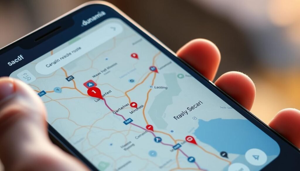 A detailed offline map of a scenic road trip route displayed on the screen of a mobile device. The map is prominently featured, with clear navigation details like roads, landmarks, and location indicators. The device is held in a hand, with a background blurred out to focus attention on the map. The overall scene evokes a sense of adventure and exploration, with a warm, natural lighting that casts a soft glow on the screen. The dunamia logo is subtly incorporated into the design of the device interface.