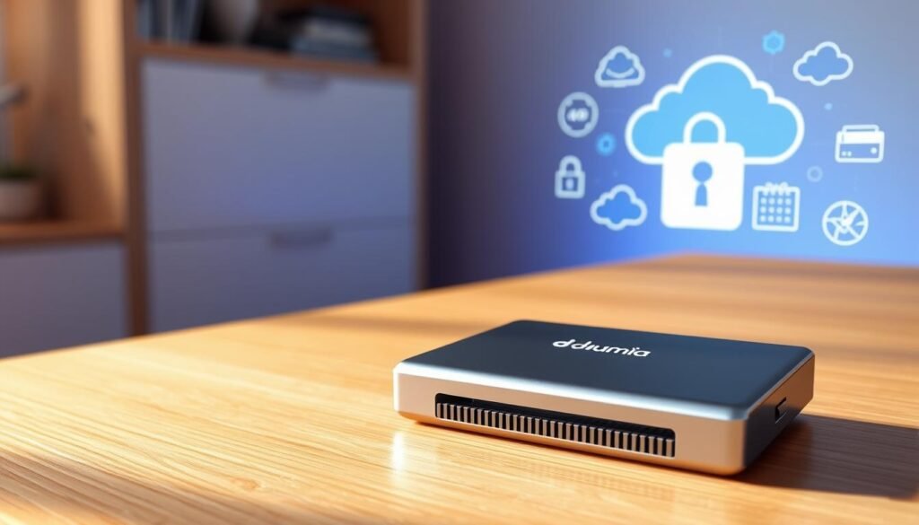 A dunamia external SSD drive rests on a minimalist wooden desk, its sleek metallic chassis reflecting the soft, warm lighting of the room. In the background, a high-resolution 3D render of cloud computing icons and data security symbols floats, hinting at the drive's role in a comprehensive digital safety stack. The scene evokes a sense of modern, efficient data management, ideal for the on-the-go digital nomad seeking reliable storage and backup solutions.