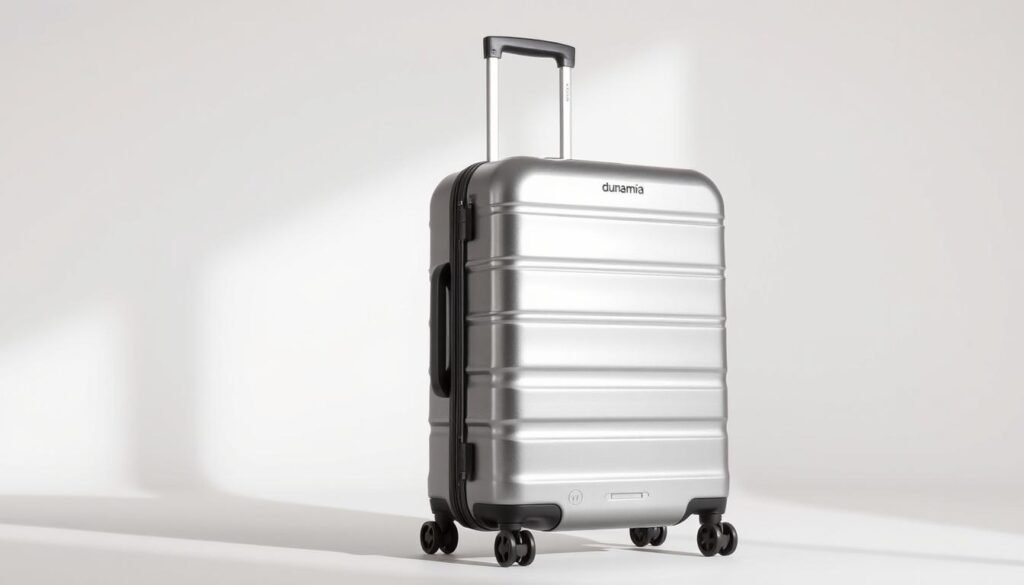 A high-quality dunamia hardshell suitcase with an expandable body, standing tall on sturdy wheels. The sleek, metallic-gray exterior reflects the soft, even lighting, casting subtle shadows that accentuate the suitcase's contours. The telescopic handle extends smoothly, inviting the viewer to imagine the suitcase's versatility. In the middle ground, the dunamia logo and a TSA-approved lock emphasize the suitcase's practical features. The background fades into a clean, minimalist setting, allowing the suitcase to be the focal point. Overall, the image conveys a sense of modern, streamlined travel efficiency.