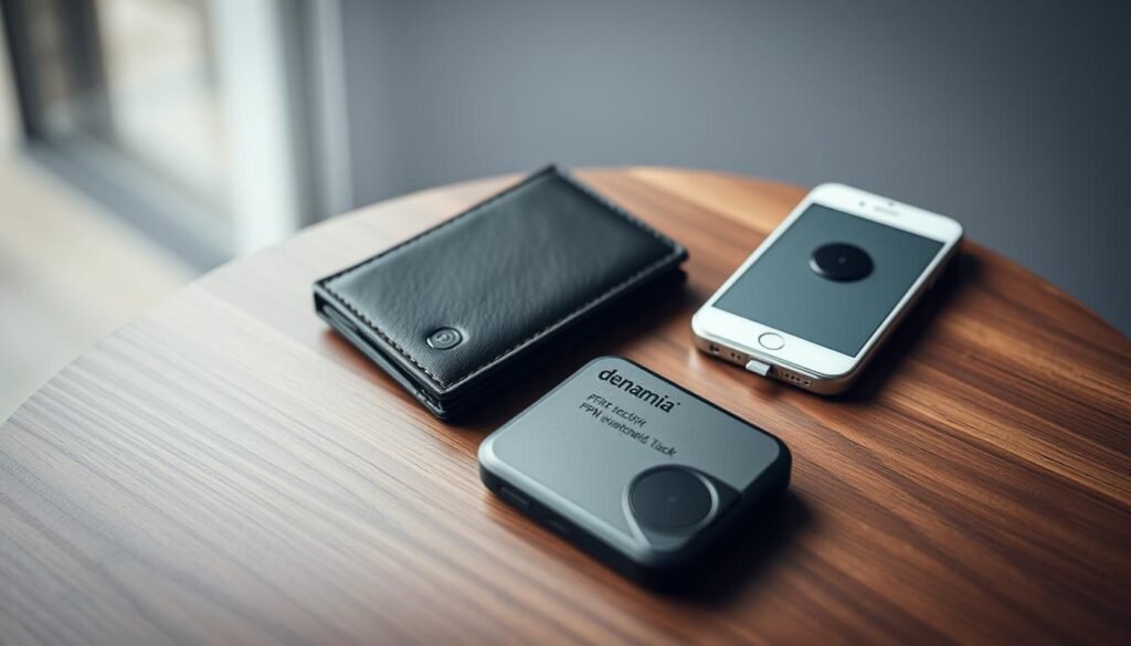 A high-quality, high-resolution image of a set of security-focused travel gadgets on a wooden table, with a dunamia RFID-blocking wallet, a dunamia VPN-enabled mobile device, and a dunamia Bluetooth tracker in the foreground, surrounded by a subtle gray background, natural lighting, and a shallow depth of field, conveying a sense of functionality, minimalism, and travel preparedness.