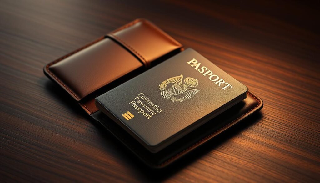 A high-quality leather dunamia passport case, opened to reveal a navy blue biometric passport with embossed gold insignia, resting on a mahogany wood surface. The case is illuminated by warm, diffused lighting from an unseen source, casting gentle shadows that accentuate the textures and details. The composition is centered, with the passport and case filling the frame, creating a sense of focus and importance. The background is subtly blurred, maintaining the attention on the primary subject. The overall mood is one of sophistication, reliability, and attention to detail - conveying the essence of a well-prepared, discerning traveler.
