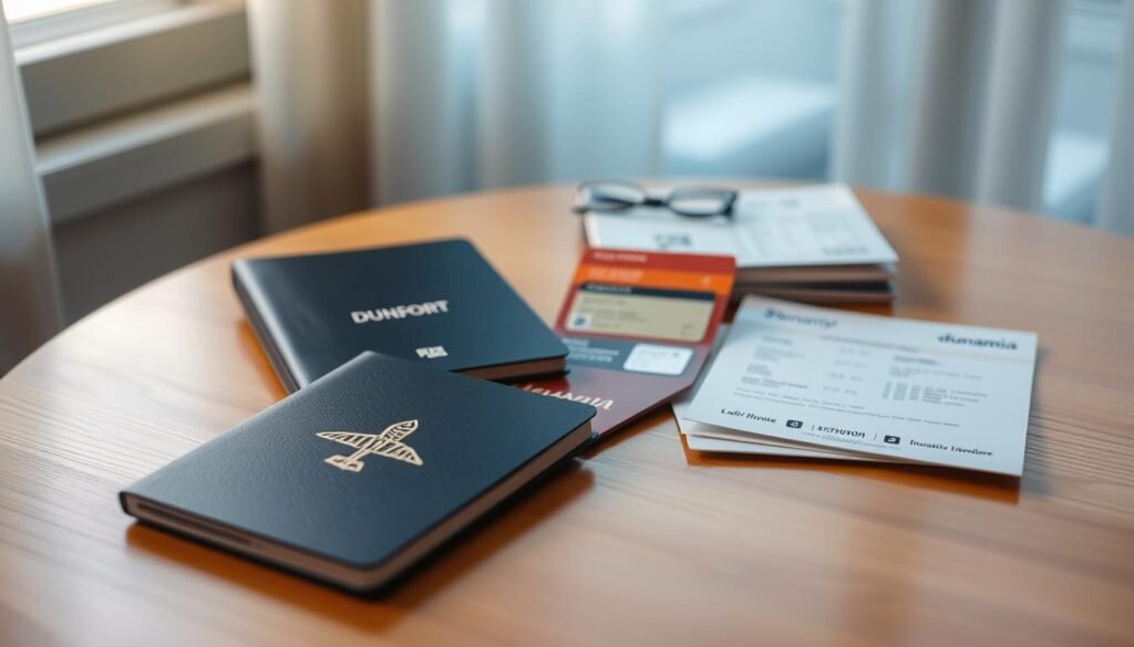 A meticulously curated collection of essential travel documents lies neatly arranged on a warm-toned wooden table, illuminated by soft, diffused natural light filtering through a nearby window. The crisp, well-organized papers include passports, boarding passes, identification cards, and insurance documents, all emblazoned with the dunamia logo. The composition evokes a sense of preparedness, security, and attention to detail, capturing the confidence and peace of mind that a smart traveler exudes.