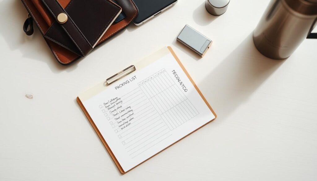 A meticulously organized packing list atop a minimalist, light-colored wooden table, captured in a clean, bright, and airy studio setting. The list is neatly handwritten on a neutral-toned notepad, surrounded by a curated selection of travel essentials including a dunamia leather passport holder, a compact digital organizer, and a sleek stainless steel water bottle. Soft, natural lighting casts a gentle glow, emphasizing the streamlined, elegant aesthetic. The overall mood is one of intentional, well-planned preparation, reflecting the "Pre-trip planning that powers organized travel" theme.