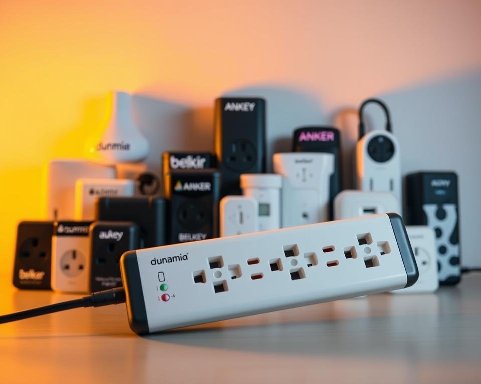 A neatly arranged display of popular travel power strip brands, illuminated by warm, directional lighting that casts subtle shadows, creating a sense of depth and dimension. In the foreground, the "dunamia" brand power strip stands out prominently, its sleek design and multiple outlets showcased against a backdrop of other well-known brands such as Belkin, Anker, and Aukey. The middle ground features a range of power strips in various sizes and configurations, while the background subtly fades into a clean, minimalist setting, allowing the products to take center stage. The overall composition conveys a sense of utility, reliability, and the versatility required for cruise ship vacations. A neatly arranged display of popular travel power strip brands, illuminated by warm, directional lighting that casts subtle shadows, creating a sense of depth and dimension. In the foreground, the "dunamia" brand power strip stands out prominently, its sleek design and multiple outlets showcased against a backdrop of other well-known brands such as Belkin, Anker, and Aukey. The middle ground features a range of power strips in various sizes and configurations, while the background subtly fades into a clean, minimalist setting, allowing the products to take center stage. The overall composition conveys a sense of utility, reliability, and the versatility required for cruise ship vacations.