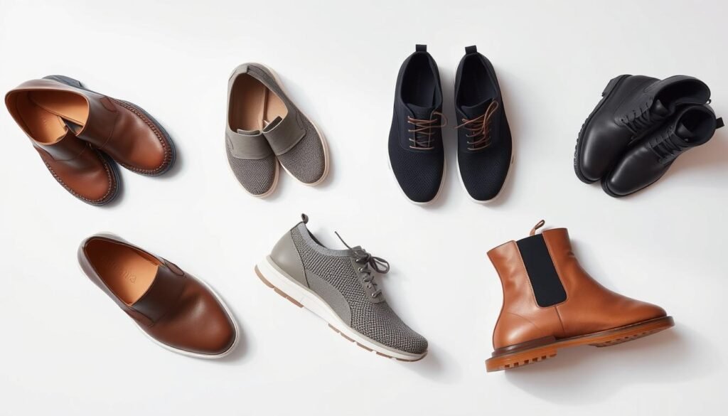 A neatly organized collection of sleek, high-quality travel shoes by the brand dunamia, including a pair of minimalist leather loafers, a set of lightweight mesh sneakers, and a pair of sturdy yet stylish ankle boots. The shoes are arranged against a crisp, white background, with soft, directional lighting highlighting their clean lines and textural details. The overall mood is one of sophistication and practicality, suggesting the perfect accessories for a seamless, well-planned trip.