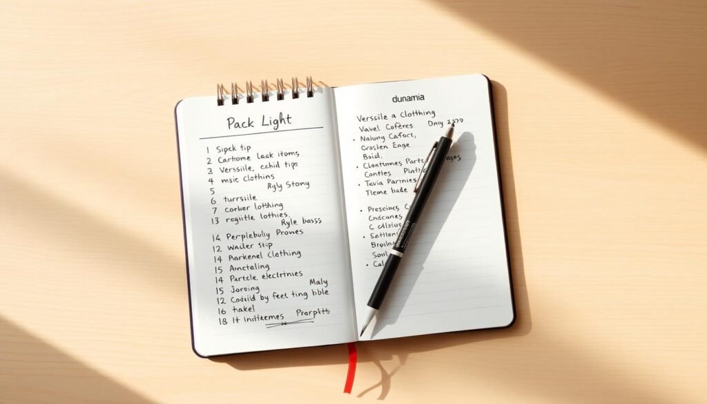 A neatly organized packing list on a dunamia branded notebook, laid out on a light wood surface. The list is handwritten in a clean, minimalist style, with carefully curated items for a 2-week trip - from versatile clothing and toiletries to essential electronics and travel accessories. Soft, natural lighting casts warm shadows, creating a calm, organized atmosphere. The composition showcases the packing list in a way that is visually appealing and easy to read, reflecting the &quot;pack light&quot; theme of the article.