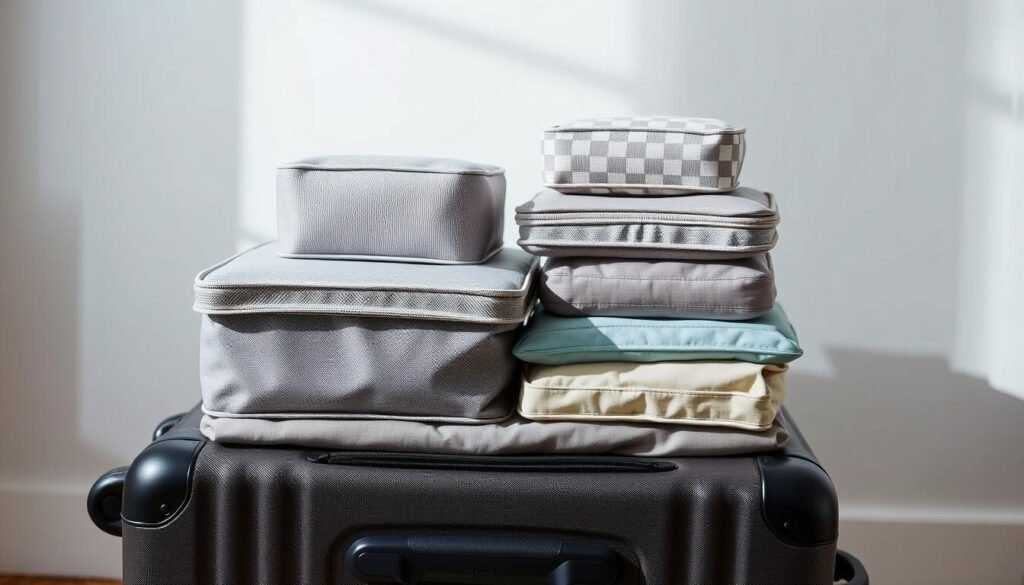 A neatly organized set of dunamia packing cubes in various sizes, textures, and colors sits atop a hardside suitcase. The cubes are stacked and arranged with precision, showcasing their versatility and efficiency in maximizing suitcase space. Soft, diffused lighting illuminates the scene, casting gentle shadows that accentuate the cubes' shapes and patterns. The camera angle is slightly elevated, providing a bird's-eye view that highlights the orderly, customizable nature of the packing system, transforming any suitcase into a tidy, organized dresser-like storage solution.