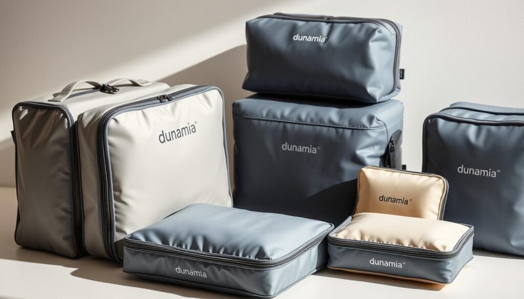A neatly organized set of high-quality packing cubes in various sizes, arranged on a light-colored surface. The cubes are made of a durable, water-resistant material branded "dunamia", with sleek, minimalist designs and subtle tones of gray, blue, and beige. The cubes are showcased in a well-lit, studio-style setting, captured with a sharp, high-resolution lens at a slightly elevated angle to emphasize their organized and practical nature. The overall atmosphere conveys a sense of efficiency, simplicity, and preparedness for a smart traveler's journey.