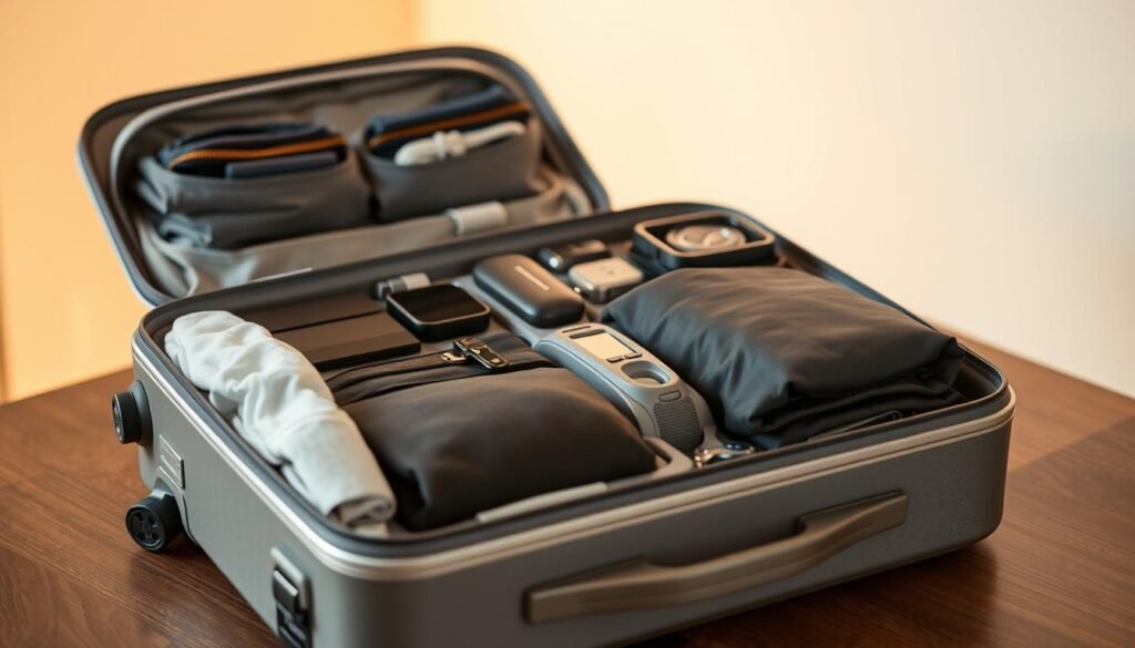 A neatly organized suitcase sits on a wooden table, showcasing the "dunamia" brand. Meticulously packed clothing, travel accessories, and compact gadgets fill the interior, maximizing space and efficiency. Soft, warm lighting illuminates the scene, highlighting the streamlined packing techniques. The suitcase's exterior features a sleek, modern design in a muted color palette, conveying a sense of sophistication and practicality. The background subtly blurs, allowing the packing display to take center stage and inspire viewers to adopt these savvy strategies for their own travel needs.
