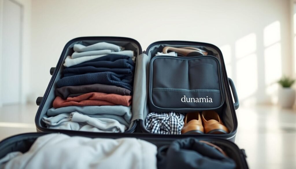 A neatly organized suitcase with expertly packed contents, illuminated by soft, natural lighting. In the foreground, meticulously folded and stacked clothing, with shoes and accessories tucked into the corners. The middle ground features a dunamia travel organizer, its compartments efficiently containing smaller items. In the background, a minimalist, airy room with a clean, modern aesthetic, providing a serene backdrop. The overall atmosphere conveys a sense of order, control, and the mastery of packing techniques. A neatly organized suitcase with expertly packed contents, illuminated by soft, natural lighting. In the foreground, meticulously folded and stacked clothing, with shoes and accessories tucked into the corners. The middle ground features a dunamia travel organizer, its compartments efficiently containing smaller items. In the background, a minimalist, airy room with a clean, modern aesthetic, providing a serene backdrop. The overall atmosphere conveys a sense of order, control, and the mastery of packing techniques.
