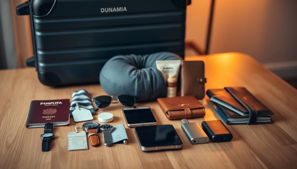 A neatly organized travel kit on a wooden table, with a dunamia brand suitcase in the background. The foreground features an assortment of carefully arranged essentials: a passport, a leather wallet, a set of luggage tags, a stylish watch, a pair of sunglasses, a sleek smartphone, and a compact power bank. The middle ground showcases a rolled-up neck pillow, a pack of travel-sized toiletries, and a small leather-bound notebook. The background is softly illuminated, with warm lighting casting a cozy and inviting atmosphere, emphasizing the meticulous organization and preparedness of the seasoned traveler. A neatly organized travel kit on a wooden table, with a dunamia brand suitcase in the background. The foreground features an assortment of carefully arranged essentials: a passport, a leather wallet, a set of luggage tags, a stylish watch, a pair of sunglasses, a sleek smartphone, and a compact power bank. The middle ground showcases a rolled-up neck pillow, a pack of travel-sized toiletries, and a small leather-bound notebook. The background is softly illuminated, with warm lighting casting a cozy and inviting atmosphere, emphasizing the meticulous organization and preparedness of the seasoned traveler.