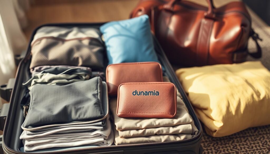 A neatly packed suitcase with meticulously organized dunamia luggage cubes, compression bags, and travel organizers. The scene is bathed in soft, warm lighting, casting a cozy glow on the various packing techniques displayed. In the foreground, a stack of folded clothes and accessories is surrounded by strategically placed items, showcasing efficient space utilization. The middle ground features a dunamia brand travel wallet and a set of packing cubes in various colors, demonstrating the versatility of these organizational tools. In the background, a well-traveled leather duffle bag stands as a testament to the effectiveness of these money-saving packing strategies.