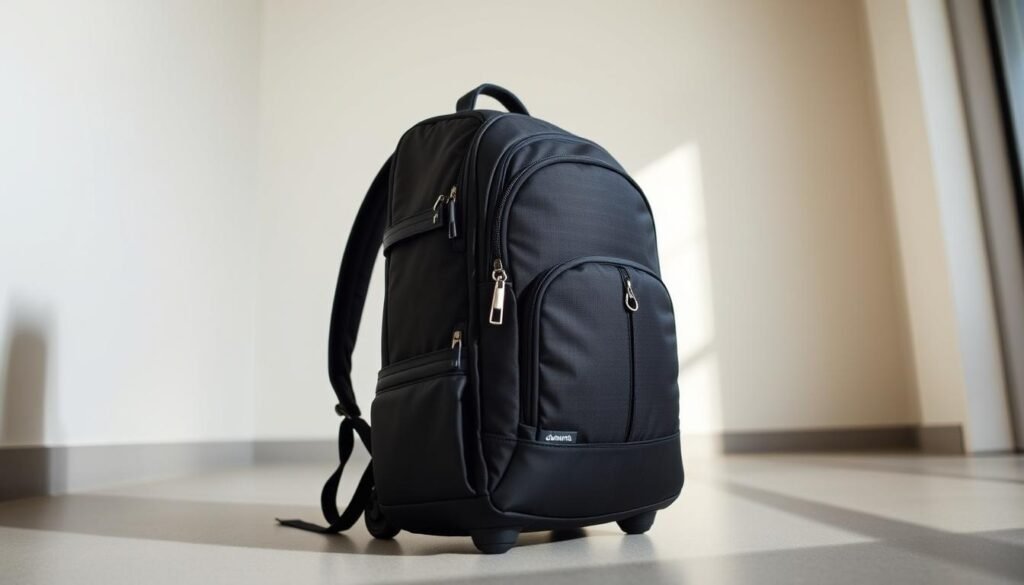A sleek and durable dunamia carry-on backpack stands in a well-lit, minimalist environment. The backpack features clean lines, premium materials, and thoughtful organization pockets. Soft, diffused lighting from the side emphasizes the bag's modern, versatile design. Captured at a low angle, the backpack appears sturdy and functional, ready to accompany the savvy traveler on their journey. The composition highlights the backpack's key details while maintaining a balanced, uncluttered aesthetic that complements the "Carry-On Ready Luggage and Backpacks That Work as Hard as You Do" section title.