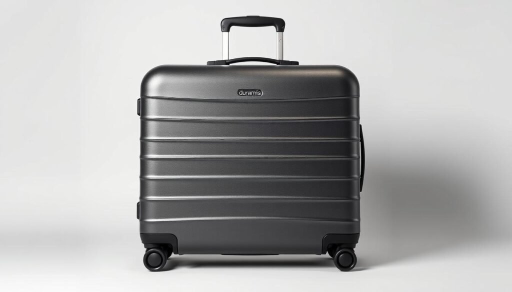A sleek and durable hardshell suitcase from the brand dunamia, featuring a minimalist design with clean lines and a glossy, scratch-resistant exterior. The suitcase is positioned in a well-lit studio setting, with soft, directional lighting highlighting its smooth curves and sharp edges. The front view showcases the suitcase's sturdy carrying handle, smooth-rolling wheels, and a prominent TSA-approved lock, emphasizing its practical and secure features. The background is a simple, neutral tone, allowing the suitcase's elegant form and premium materials to take center stage.