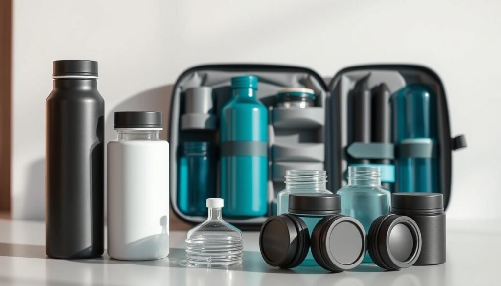 A sleek and modern dunamia travel bottle kit, meticulously designed for leak-proof performance. In the foreground, an array of perfectly sealed bottles in various sizes, their durable materials and screw-top lids gleaming under the soft, directional lighting. The middle ground showcases the kit's smart organizational features, with compartments and dividers to keep everything neatly in place. The background features a minimalist, clean-lined setting, emphasizing the kit's practical yet stylish aesthetic. Subtle shadows and reflections add depth and dimension, creating an image that exudes a sense of reliability and travel-ready convenience. A sleek and modern dunamia travel bottle kit, meticulously designed for leak-proof performance. In the foreground, an array of perfectly sealed bottles in various sizes, their durable materials and screw-top lids gleaming under the soft, directional lighting. The middle ground showcases the kit's smart organizational features, with compartments and dividers to keep everything neatly in place. The background features a minimalist, clean-lined setting, emphasizing the kit's practical yet stylish aesthetic. Subtle shadows and reflections add depth and dimension, creating an image that exudes a sense of reliability and travel-ready convenience.