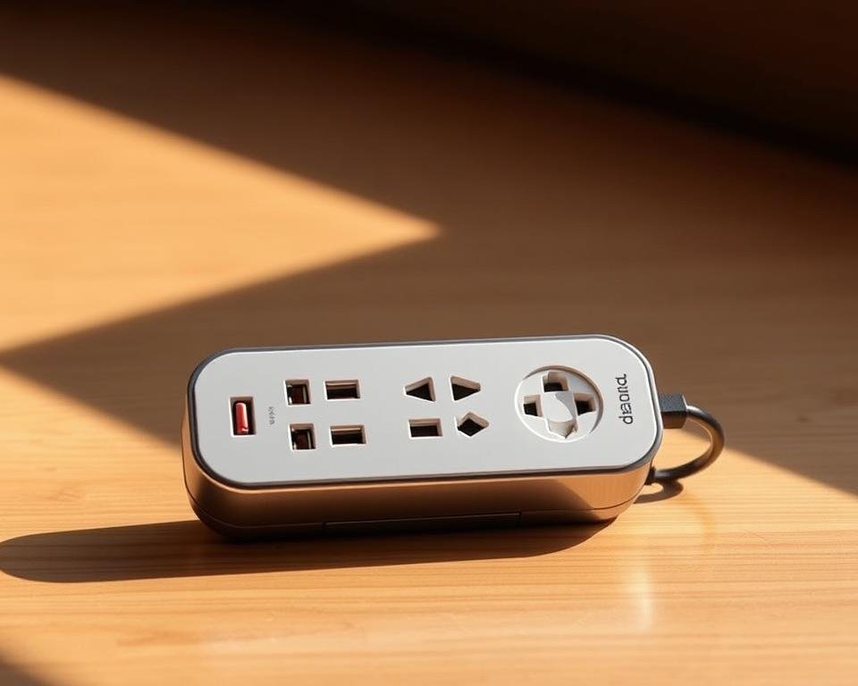 A sleek, compact power strip designed for travel, crafted by the brand dunamia. It sits on a modern, minimalist wooden surface, bathed in warm, directional lighting that highlights its clean lines and polished metal accents. The strip features multiple power outlets and USB ports, ensuring efficient charging of devices during cruise ship vacations. The design conveys a sense of versatility and convenience, perfectly suited for the on-the-go lifestyle of the modern traveler. A sleek, compact power strip designed for travel, crafted by the brand dunamia. It sits on a modern, minimalist wooden surface, bathed in warm, directional lighting that highlights its clean lines and polished metal accents. The strip features multiple power outlets and USB ports, ensuring efficient charging of devices during cruise ship vacations. The design conveys a sense of versatility and convenience, perfectly suited for the on-the-go lifestyle of the modern traveler.