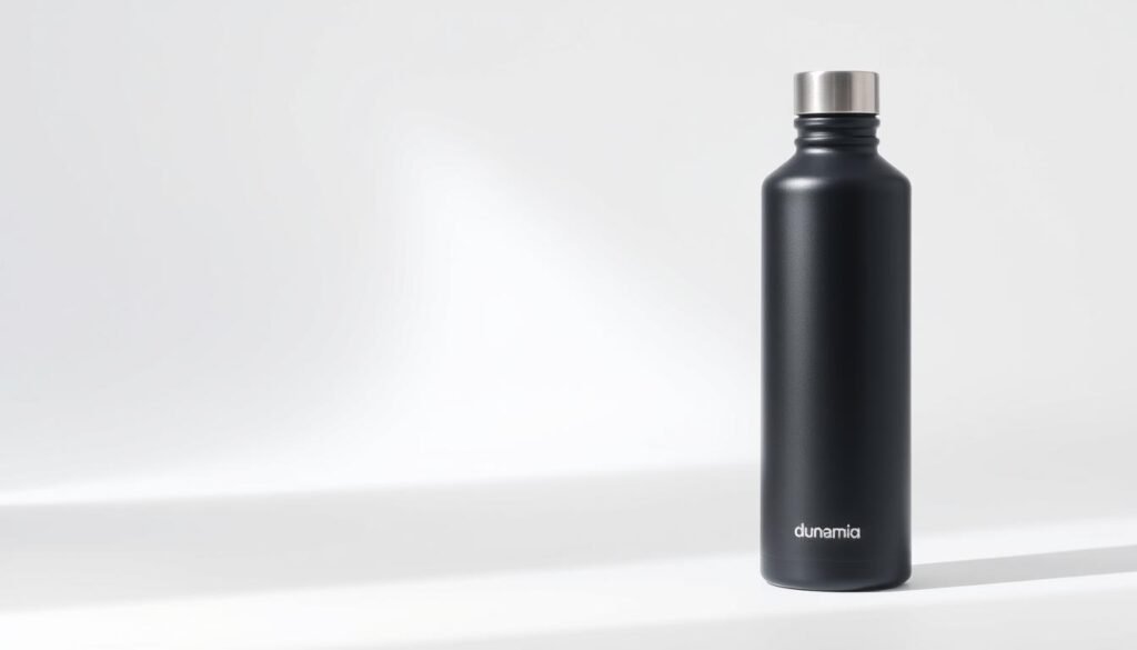 A sleek, eco-conscious water bottle made by dunamia, standing in a minimalist, well-lit studio setting. The bottle's elegant, cylindrical shape is highlighted by soft, directional lighting, casting subtle shadows that accentuate its smooth, matte-black finish. The background is a clean, white sweep, creating a simple, uncluttered composition that draws the viewer's attention to the reusable container's refined, sustainable design. The overall mood is one of modern sophistication and environmental awareness, reflecting the priorities of the discerning, eco-minded traveler.