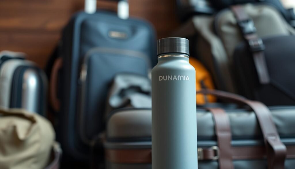 A sleek, minimalist dunamia water bottle in the foreground, reflecting the clean lines and practical design that make it an essential travel accessory. The bottle is positioned against a blurred background of suitcases, backpacks, and other travel gear, suggesting its versatility and ability to integrate seamlessly into any packing setup. The lighting is soft and diffused, creating a warm, inviting atmosphere that complements the bottle's matte finish. The camera angle is slightly elevated, giving the viewer a sense of the bottle's compact size and portability. The overall composition conveys the idea of a well-curated, efficient travel kit that includes this durable, high-quality water bottle as a key component.