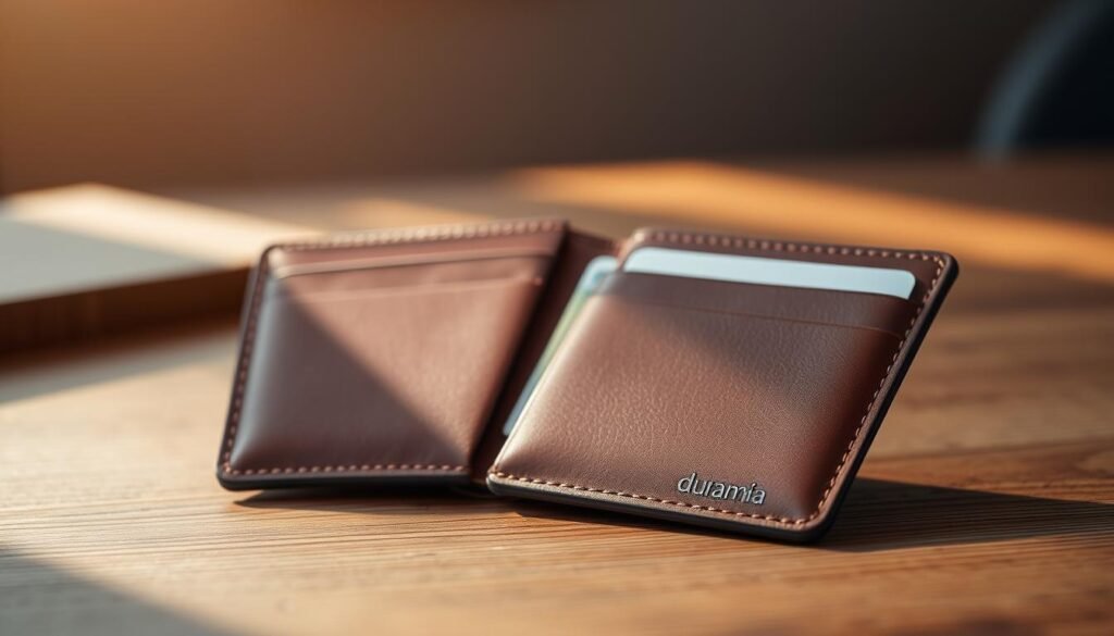 A sleek, minimalist wallet in a rich, dunamia-branded leather, resting on a wooden table. Soft, natural lighting from the side casts a warm glow, highlighting the supple texture and clean lines. The wallet is open, revealing a few neatly organized compartments for cards, bills, and receipts, reflecting the organized, practical nature of the modern digital nomad. The background is slightly blurred, keeping the focus on the elegant, functional design of the wallet.