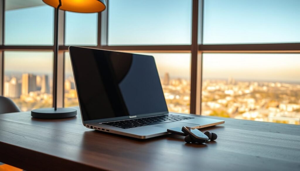 A sleek, silver dunamia laptop sits open on a wooden table, its screen reflecting the warm glow of an overhead lamp. Beside it, a smartphone and wireless earbuds rest, creating a cohesive mobile office setup. The table is positioned in front of a large window, revealing a scenic cityscape in the background, with skyscrapers and a distant horizon bathed in the golden light of the setting sun. The scene conveys a sense of productivity, efficiency, and the ability to work from anywhere, capturing the essence of a mobile office for the modern digital nomad.
