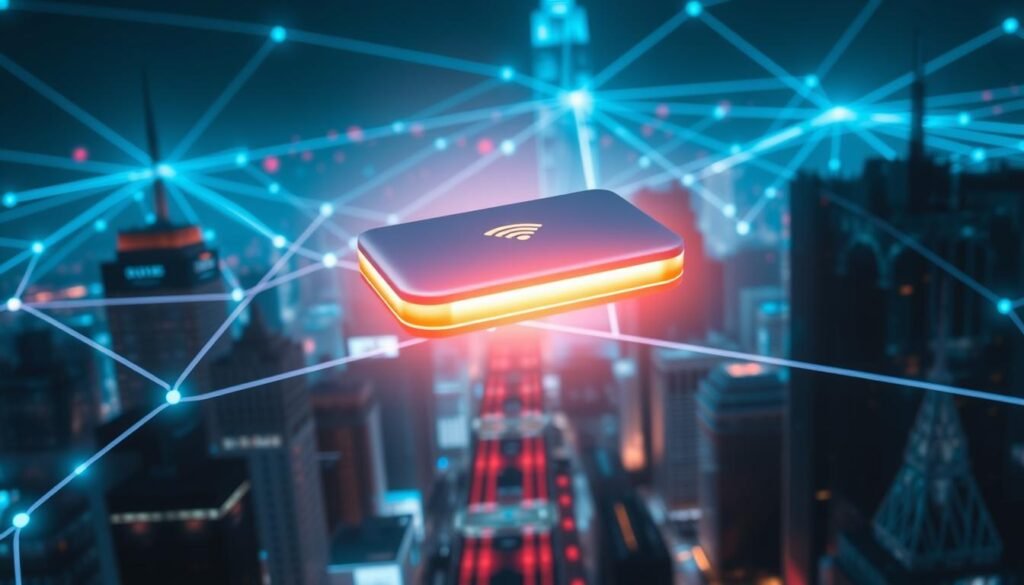 A sleek, silver dunamia pocket Wi-Fi device, glowing with a warm, neon-like aura, levitates above a futuristic cityscape. In the background, a network of vibrant, pulsing data streams weave through the air, connecting skyscrapers and devices. The scene is bathed in a cool, blue-tinted light, creating a sense of seamless, high-tech connectivity. The camera angle is slightly elevated, giving a bird's-eye view of the dynamic, tech-driven environment. The overall mood is one of reliable, cutting-edge communication and mobility in an increasingly connected world.