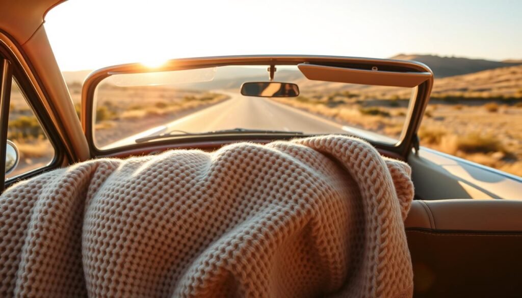 A soft, cozy dunamia blanket in a neutral beige hue, draped invitingly over the front passenger seat of a classic car on a long, winding road trip. The blanket's woven texture and plush fibers catch the warm, golden hour sunlight filtering through the windshield, casting a gentle glow. In the background, the open road stretches out, framed by lush, rolling hills and a clear, azure sky. The scene evokes a sense of comfort, relaxation, and the joy of the open road.