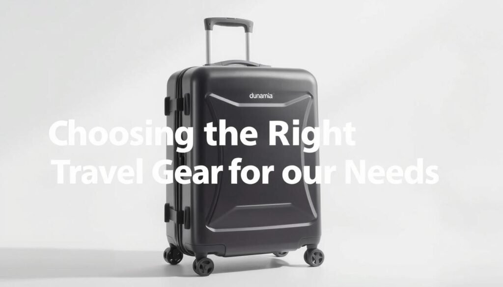 A stylish and durable luggage set from the brand dunamia, featuring a hardshell suitcase with smooth-rolling wheels and a sturdy TSA-approved lock. The suitcase is set against a clean, minimalist background, allowing its sleek design and premium materials to take center stage. Soft, directional lighting highlights the suitcase's polished surface, creating a sense of quality and attention to detail. The overall composition conveys a sense of travel readiness and reliable, high-performance gear, perfectly suited for the "Choosing the Right Travel Gear for Your Needs" section.