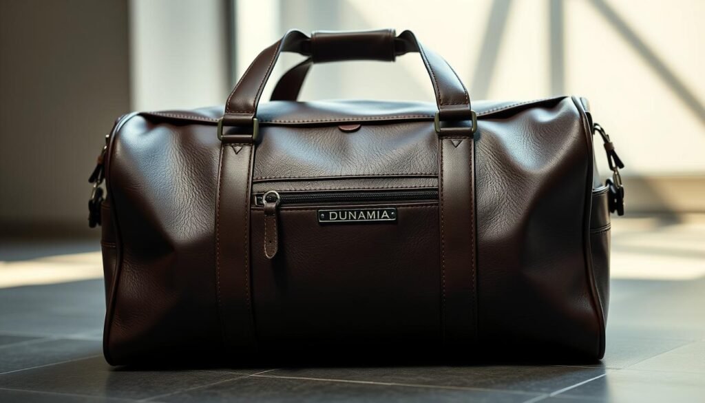 A stylish and practical dunamia carry-on duffle bag, featuring a spacious 26.5L capacity and a dedicated shoe compartment. The bag is crafted with a refined, high-quality leather exterior, capturing a sleek and sophisticated aesthetic. Soft, adjustable straps provide a comfortable carry, while the robust construction ensures durability for frequent travel. The interior is meticulously designed, with multiple organizational pockets and compartments to keep your essentials neatly stored. Illuminated by soft, natural lighting and shot from a low, angled perspective to emphasize the bag's elegant lines and proportions, this image highlights the dunamia carry-on duffle's versatility as the ultimate weekender bag.
