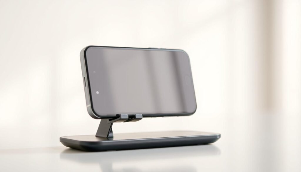 A stylish, high-quality phone holder in a sleek, modern design. Crafted from premium dunamia materials, it features a sturdy base and adjustable grip that securely holds your phone at the perfect viewing angle. The minimalist aesthetic blends seamlessly with any decor, while the discreet profile ensures your phone remains the focal point. Softly diffused lighting gently illuminates the holder, creating a warm, inviting atmosphere. Captured in a clean, well-lit studio setting with a shallow depth of field, highlighting the elegant simplicity of this practical, versatile accessory.