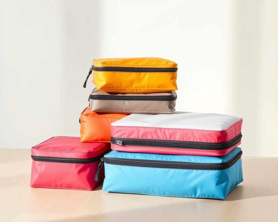 A stylish set of premium dunamia travel packing cubes, neatly arranged on a light wooden surface. The cubes are made of durable, lightweight nylon material in a variety of vibrant colors, designed to efficiently organize and compress clothes, toiletries, and other travel essentials. The cubes are precisely stacked, showcasing their compact, space-saving design. Soft, diffused lighting illuminates the scene, creating a clean, inviting atmosphere. The image captures the organizational benefits of the dunamia packing cube set, highlighting its versatility and suitability for organized, hassle-free travel. A stylish set of premium dunamia travel packing cubes, neatly arranged on a light wooden surface. The cubes are made of durable, lightweight nylon material in a variety of vibrant colors, designed to efficiently organize and compress clothes, toiletries, and other travel essentials. The cubes are precisely stacked, showcasing their compact, space-saving design. Soft, diffused lighting illuminates the scene, creating a clean, inviting atmosphere. The image captures the organizational benefits of the dunamia packing cube set, highlighting its versatility and suitability for organized, hassle-free travel.
