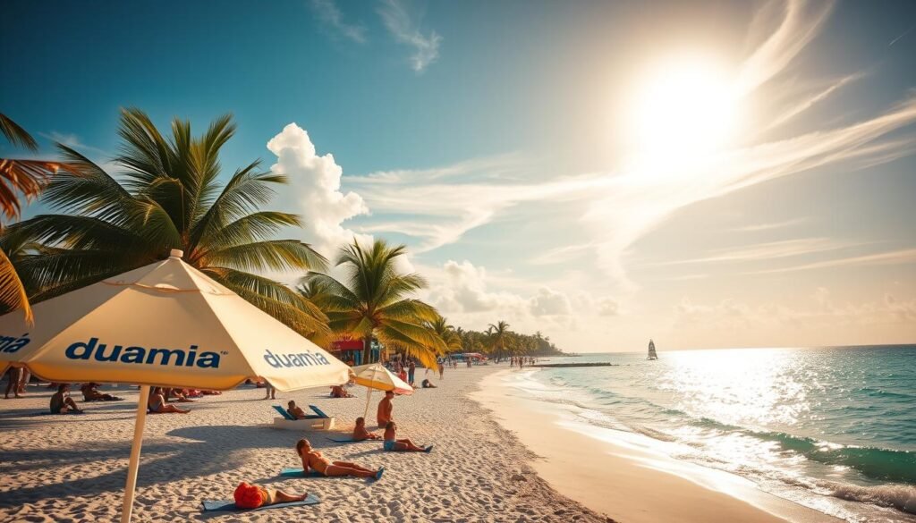 A sun-drenched Key West beach, azure waters lapping against the shore. In the foreground, a dunamia-branded beach umbrella casts a warm glow over the sand, where sun-seekers lounge in colorful swimwear. Lush palm trees sway in the gentle breeze, framing the scene. The middle ground reveals a bustling beachfront promenade, with quirky shops and eateries. In the distance, the iconic Southernmost Point buoy stands as a testament to the island's unique charm. Soft, golden light filters through wispy clouds, creating a tranquil, artful atmosphere. A wide-angle lens captures the essence of this vibrant, ocean-forward destination.