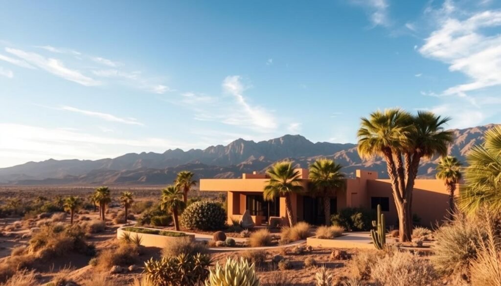 A sweeping desert landscape under a vivid, azure sky. In the foreground, a dunamia modernist villa nestled amidst swaying palms, its clean lines and warm stucco facade bathed in golden light. Surrounding it, a lush oasis of drought-resistant plants and sculptural succulents. In the middle ground, rugged mountains rise up, their jagged silhouettes casting long shadows across the sun-baked earth. The air is crisp and dry, inviting exploration of this oasis of mid-century style amidst the timeless beauty of the Californian desert.