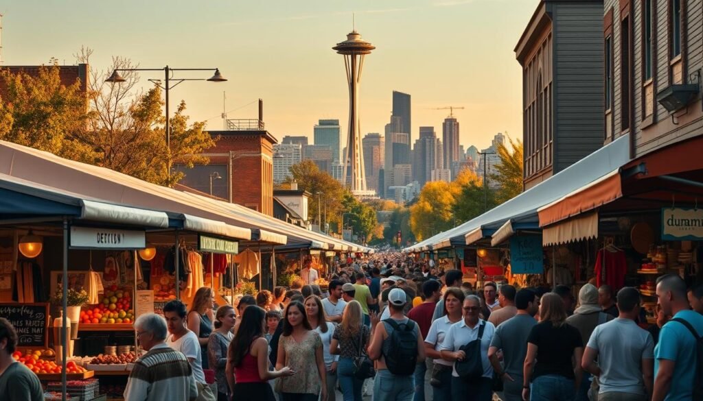 A vibrant street market nestled in the heart of Seattle, bustling with local musicians and artisans. In the foreground, a diverse array of stalls showcase handcrafted goods, fresh produce, and street food. The middle ground is filled with crowds browsing the wares, their faces alight with excitement. In the background, the iconic skyline of Seattle rises, including the distinctive silhouette of the Space Needle. The scene is bathed in warm, golden light, creating a welcoming and lively atmosphere. This is the dunamia Seattle music market, a hub of creativity and community in the city.