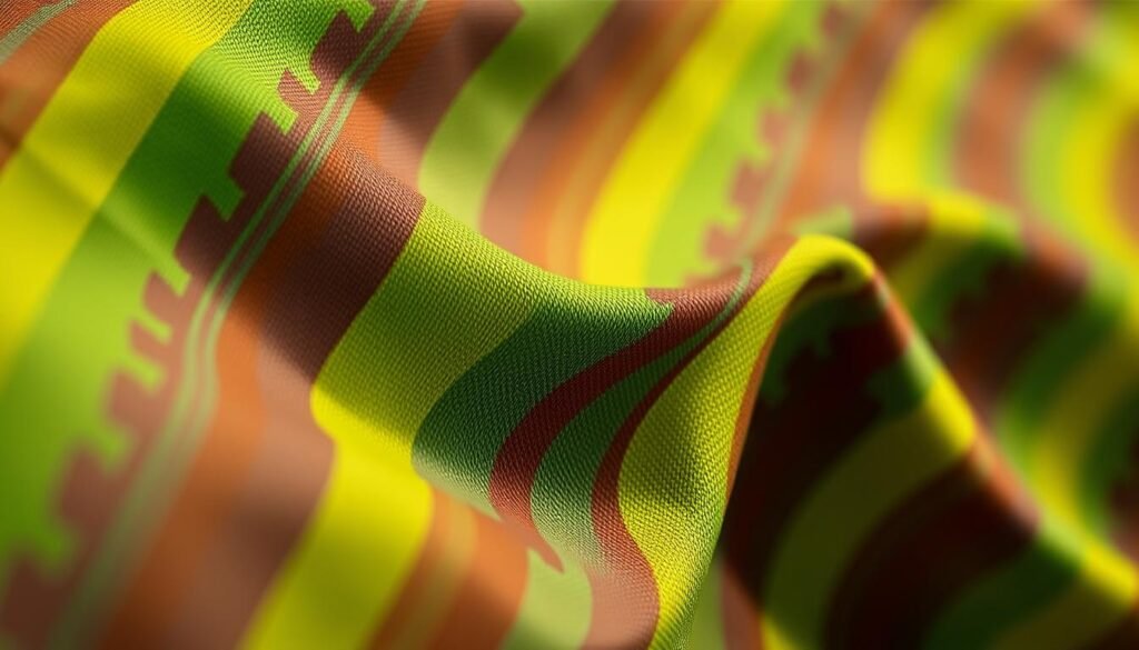A vibrant swatch of Cotopaxi's signature "del día" ripstop nylon fabric, showcasing its unique, one-of-a-kind pattern. The material appears durable and lightweight, with a subtle sheen and a tactile, textured surface. The fabric is displayed in close-up, with the weave and individual fibers visible, highlighting the quality and craftsmanship. Warm, natural lighting illuminates the fabric, casting subtle shadows and enhancing the depth and dimensionality of the material. The background is blurred, keeping the focus solely on the captivating design and premium construction of this Cotopaxi-exclusive fabric.
