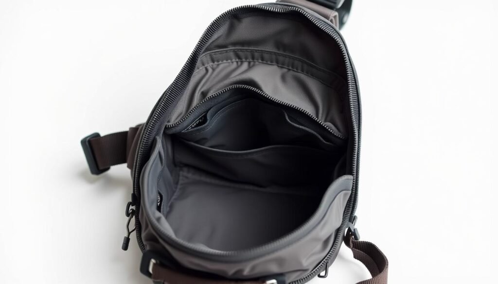A well-lit, high-resolution photograph of the main compartment of the Cotopaxi Kapai 1.5L Hip Pack, captured at a medium-wide angle with a 50mm prime lens. The compartment is shown in detail, revealing its spacious and organized interior with multiple mesh pockets and dividers. The material, construction, and zippers are clearly visible, conveying a sense of quality and functionality. The image has a clean, minimalist aesthetic, with a bright, neutral background that allows the pack's features to take center stage. The overall mood is one of practical utility and thoughtful design.