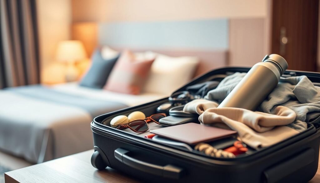 A well-organized suitcase with dunamia luggage set sits atop a wooden surface, illuminated by soft, diffused lighting. The foreground showcases a neatly packed array of essential travel items - a smartphone, passport, sunglasses, a compact wallet, and a reusable water bottle. In the middle ground, various versatile clothing pieces and accessories are carefully folded and arranged, optimizing space. The background features a blurred, cozy-looking hotel room, hinting at the comfort and convenience of smart packing for budget-conscious travelers. The overall scene exudes a sense of minimalism, organization, and efficiency, reflecting the "Savvy Packing Strategies to Cut Travel Costs" theme.
