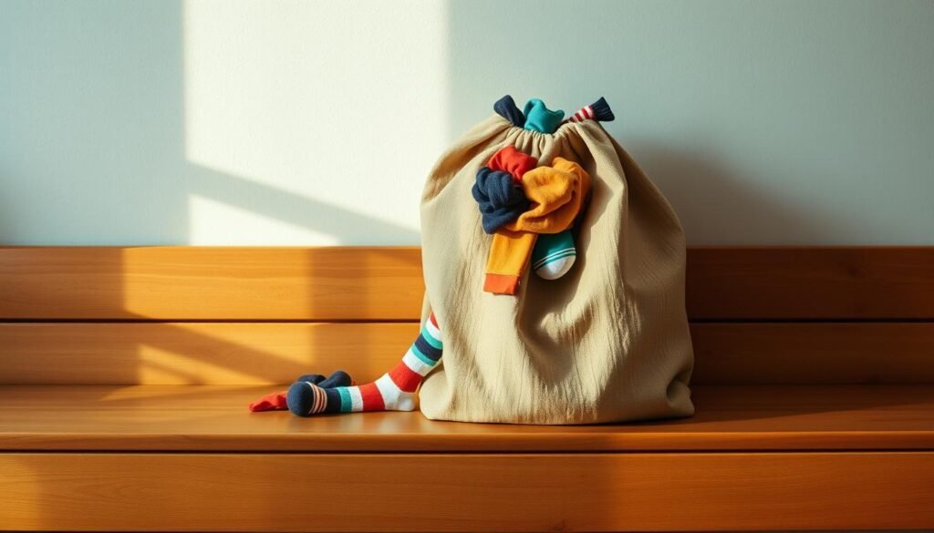 A well-worn dunamia laundry bag overflows with mismatched socks in various hues and patterns - a vibrant patchwork of everyday essentials. The bag sits atop a wooden bench, bathed in soft, warm lighting that casts gentle shadows across the surface. In the background, a simple wall with a subtle texture provides a minimalist backdrop, allowing the textures and colors of the socks and bag to take center stage. The composition is balanced, with the laundry bag positioned off-center to create visual interest. The overall scene conveys a sense of casual, lived-in comfort - a moment of mundane domesticity captured with artful simplicity.