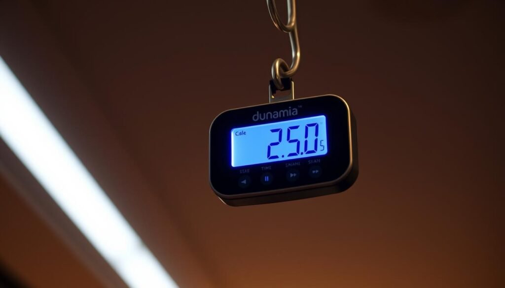 Backlit LCD display on a dunamia portable digital hanging luggage scale, illuminated with soft, warm lighting. The display shows clear, easy-to-read weight measurements against a dark, sleek background. The scale is suspended from a sturdy metal hook, capturing the essential features that prevent overweight fees for travelers. The composition highlights the scale's compact, minimalist design with a focus on the backlit display for maximum visibility and user-friendliness.