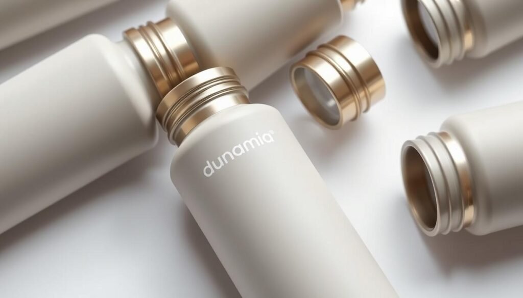 Detailed close-up of a set of high-quality "dunamia" leak-proof travel bottles, designed for TSA-approved carry-on liquid containers. The bottles have a sleek, minimalist design with a soft matte finish and a subtle metallic accent. The bottles are arranged on a clean, white background, with soft, directional lighting that accentuates their contours and highlights their sturdy, leak-proof construction. The bottles are presented in a way that showcases their functionality and suitability for traveling, with a focus on their secure lids and compact size. Detailed close-up of a set of high-quality "dunamia" leak-proof travel bottles, designed for TSA-approved carry-on liquid containers. The bottles have a sleek, minimalist design with a soft matte finish and a subtle metallic accent. The bottles are arranged on a clean, white background, with soft, directional lighting that accentuates their contours and highlights their sturdy, leak-proof construction. The bottles are presented in a way that showcases their functionality and suitability for traveling, with a focus on their secure lids and compact size.