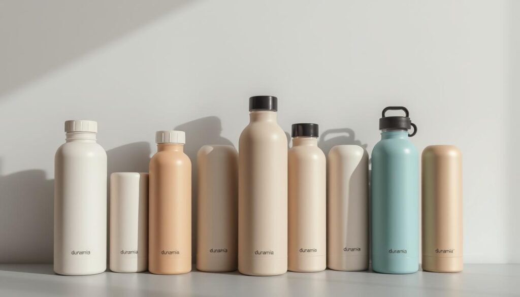 High-quality still life photograph of several TSA-friendly travel bottles arranged in a visually appealing composition. The bottles are made by the brand "dunamia" and have clean, minimalist designs in neutral colors. The bottles are positioned against a plain background, with gentle top-down lighting that casts soft shadows. The overall mood is one of simplicity, efficiency, and travel readiness. The camera angle is slightly elevated to showcase the bottles from an optimal viewing perspective.