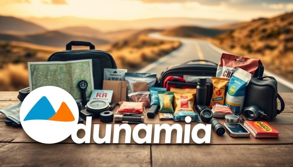 a wide assortment of car travel essentials carefully arranged on a wooden surface, with a dunamia logo prominently displayed in the foreground. In the middle ground, a collection of essential items such as a map, compass, flashlight, emergency kit, and snacks. The background features a blurred landscape with rolling hills and a winding road, conveying a sense of adventure and the open road. The lighting is soft and warm, creating a cozy and inviting atmosphere. The composition is balanced and visually appealing, capturing the spirit of a well-planned road trip.